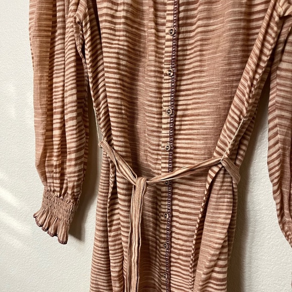 ULLA JOHNSON | Fiora Striped Cotton-Voile Midi Waist Tie Dress in Fawn | Size 2 - Picture 8 of 15
